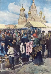 Byttehandel i Rusland efter valutaens sammenbrud efter den russiske revolution, illustration fra "La Domenica del Corriere", 1. juni 1919